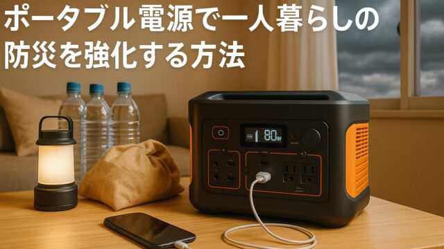 一人暮らしの防災対策に欠かせないポータブル電源とLEDランタン、ノートPCが並ぶ室内シーン
