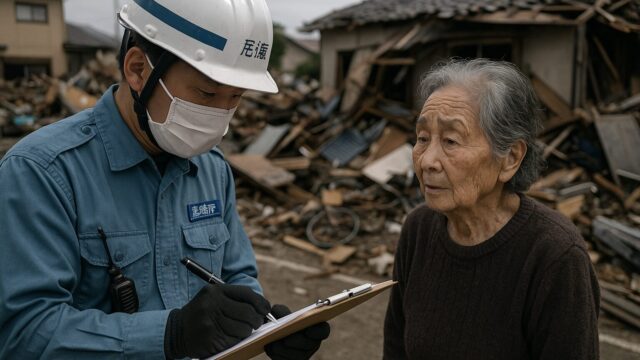 倒壊した住宅の前で、日本の救助隊員がクリップボードを持ち、高齢女性と会話している場面。背景には瓦礫が散乱している。