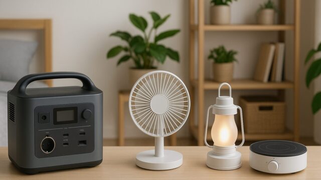 シンプルな木製テーブルに並んだポータブル電源、USB扇風機、LEDランタン、小型IHクッカー。背景には観葉植物と整理棚が映り、落ち着いた生活空間を演出している。