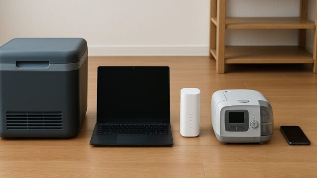 明るい室内の木の床に、左からポータブル冷蔵庫、ノートパソコン、Wi-Fiルーター、CPAP装置、スマートフォンが整然と並んでいる。背景には木製の棚がある。