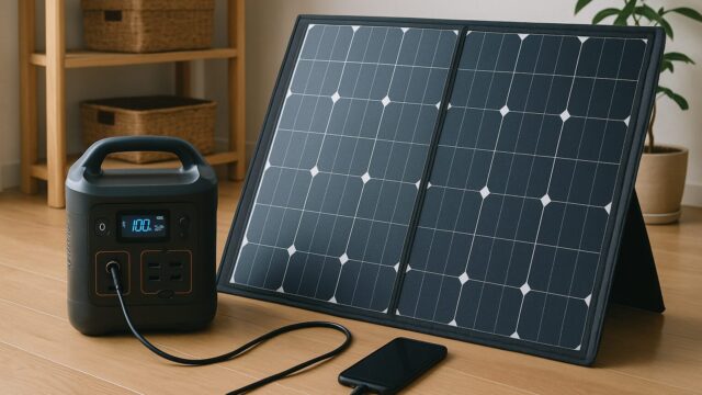 木製フローリングの室内にポータブル電源とスマートフォン、折りたたみ式ソーラーパネルが並び、スマートフォンが充電されている様子。背景には観葉植物と収納棚がある。