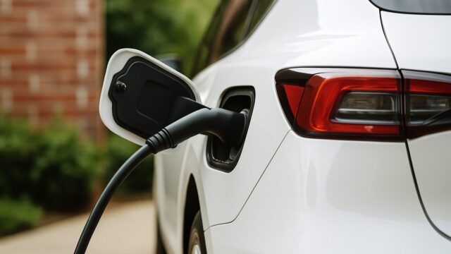 屋外の駐車スペースで白い電気自動車が充電されており、充電ケーブルが後部のポートに接続されている。背景にはレンガの壁と緑の植栽がある。