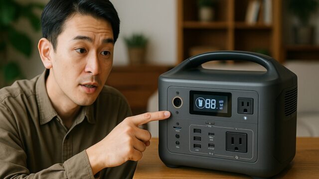 落ち着いた室内で、アジア系の男性がポータブル電源の液晶画面を指し示している。電源には複数のポートと88%のバッテリー残量表示があり、専門的な説明の雰囲気が伝わる。
