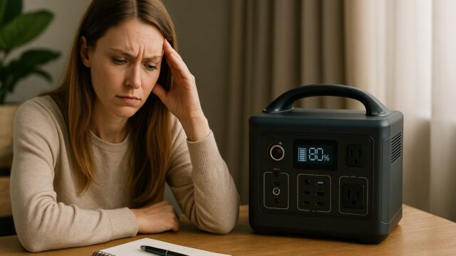木製テーブルに置かれたポータブル電源を見つめながら、困惑した表情で頭を抱える女性。机上にはノートとペンが置かれ、背景には観葉植物とカーテンが見える。