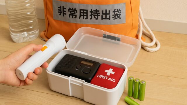 室内の床に置かれた防災用品セット。懐中電灯を手に持つ人物の前に、電池やラジオ、救急セットが透明ケースに収納されている。