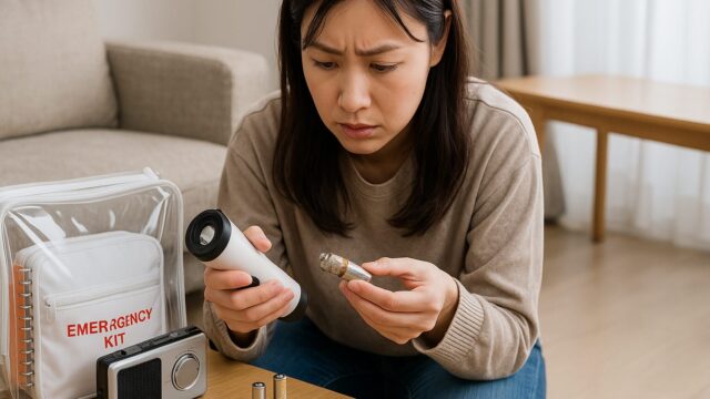 室内で懐中電灯と腐食した乾電池を手に取り、不安そうに観察する日本人女性