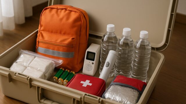 ベージュのハードケースを開け、中に防災用のオレンジ色リュック、飲料水、懐中電灯、救急セット、乾電池、保存食などが整理されて入っている様子。