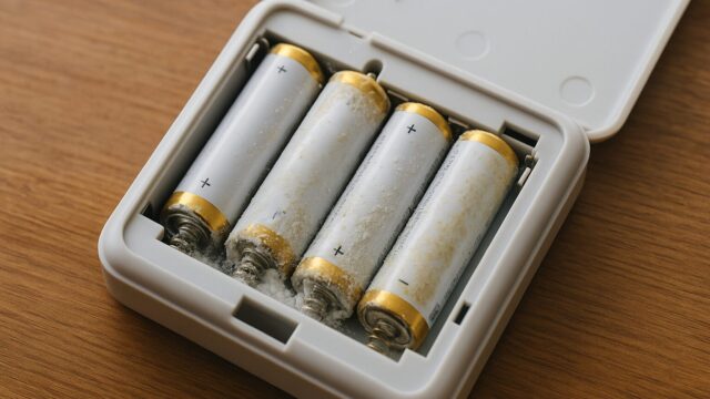 白い電子機器の電池ボックスに収められた単三電池4本が、液漏れにより白い粉と腐食を起こしている様子の接写