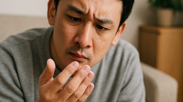 白い粉が付着した指先を見つめる日本人男性のクローズアップ写真