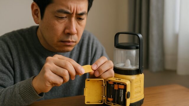 黄色いランタンの電池ボックスに絶縁テープを貼ろうとしている日本人男性の様子