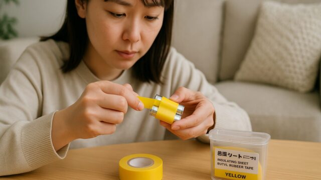 黄色い絶縁テープを使って乾電池の端子を覆う日本人女性の手元。木製テーブル上で作業している。
