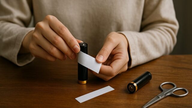木製テーブルの上で黒い単三電池に白い紙を丁寧に巻き付けている手元の様子。横にはハサミともう1本の電池が置かれている。