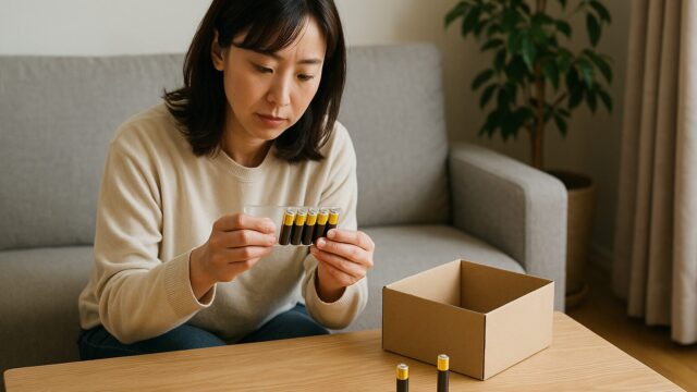 ソファに座った日本人女性が、乾電池パックを手に取り備蓄量を確認している様子。テーブルには段ボール箱と数本の乾電池が置かれている。