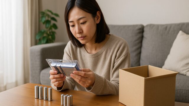 木製テーブルに乾電池を並べ、パッケージを確認する日本人女性。横には段ボール箱が置かれている。