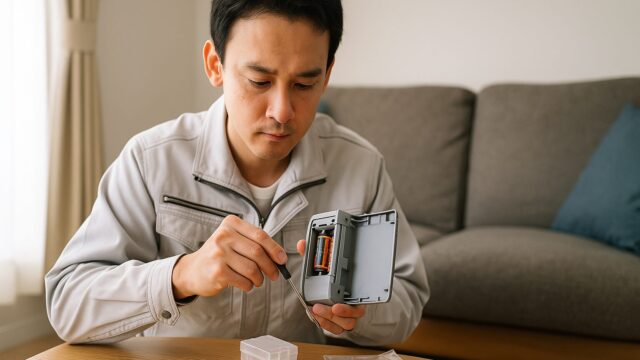 リビングのテーブルで電池式機器を点検する日本人男性が、ドライバーで蓋を外し内部の電池を確認している