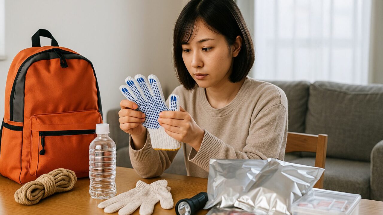リビングのテーブルで軍手を手に取り、防災グッズと一緒に確認する日本人女性