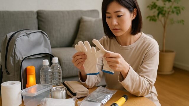 室内で防災バッグの中身を確認しながら白い軍手を手に取る日本人女性