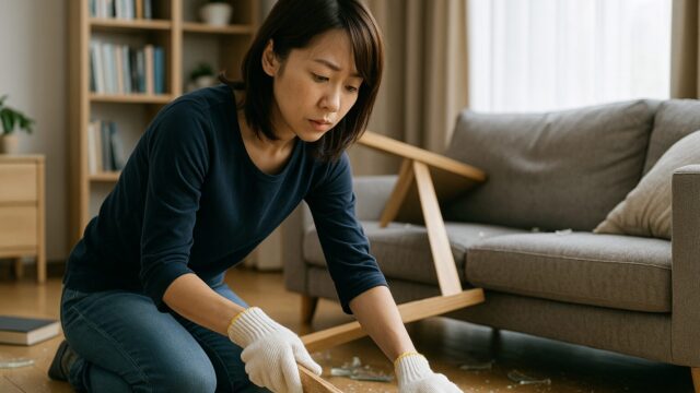 地震で倒れた家具や割れたガラス片を、軍手を着用して慎重に片付ける日本人女性