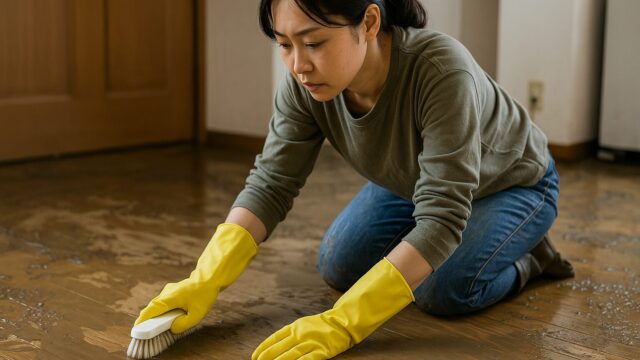 黄色いゴム手袋を着けた日本人女性が、泥水で汚れた室内の床をブラシで丁寧に掃除している様子