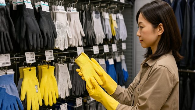 作業用品店で黄色い耐切創手袋を手に取り、品質を確認する日本人女性