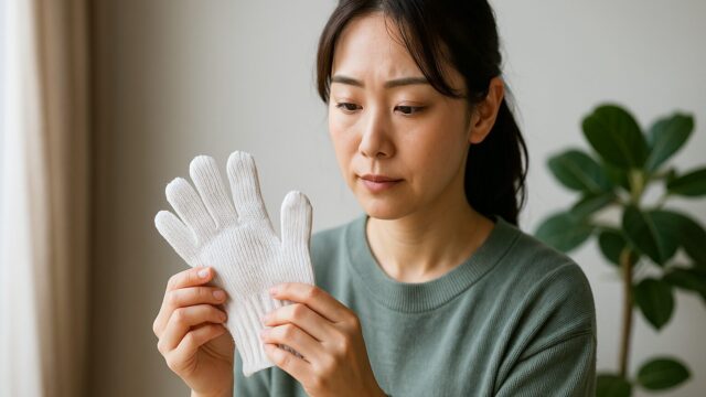 白い軍手を両手で持ち、真剣な表情で品質を確認している日本人女性