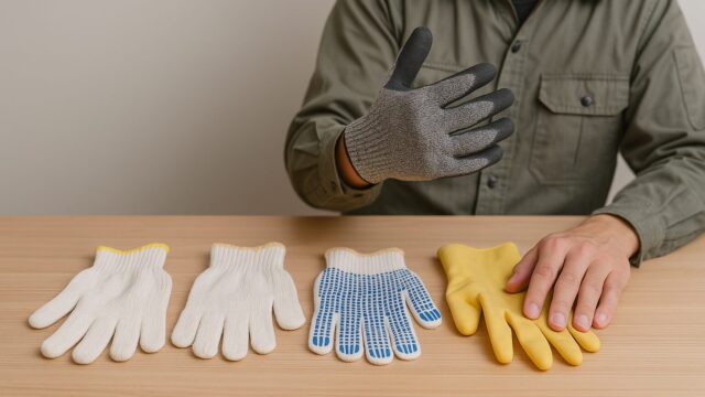 4種類の作業用手袋が机に並べられ、日本人男性が耐切創手袋を手にはめている