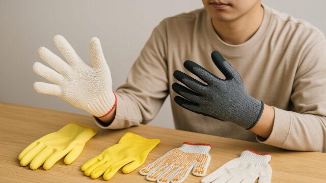 日本人男性が机上の複数種類の手袋から、軍手と耐切創手袋を手にはめて比較している様子