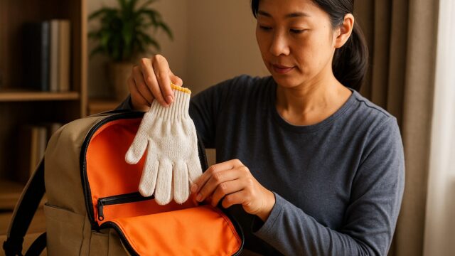 日本人女性が白い軍手を非常用リュックのオレンジ色の内ポケットに収納している