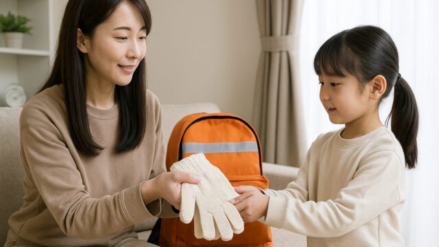 日本人の母親が娘に白い軍手を手渡している後ろに、防災用のオレンジ色のリュックが置かれている