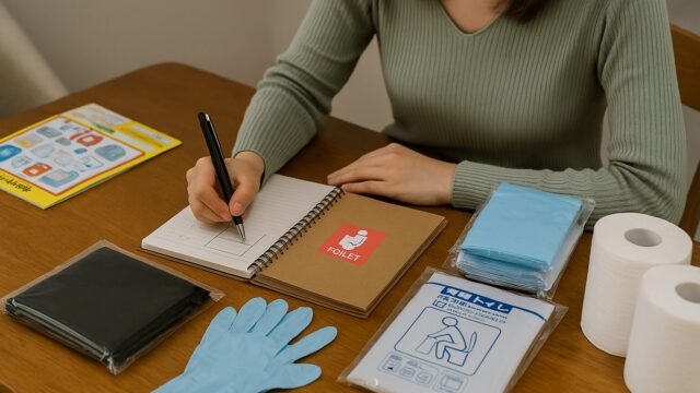 日本人女性が自宅の机で防災用トイレの備蓄計画を立て、簡易トイレ用品を整理している様子