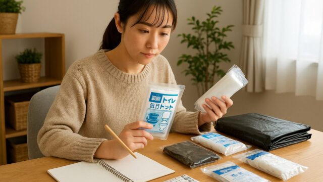 日本人女性が自宅の机で簡易トイレの回数を計算しながら備蓄品を確認している様子