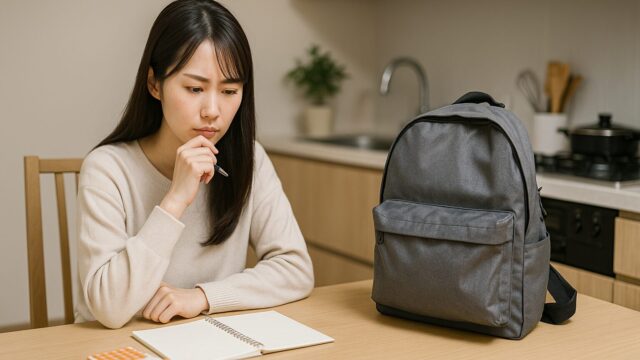 日本人女性が自宅のダイニングで防災リュックやノートを前に備蓄計画を考えている様子