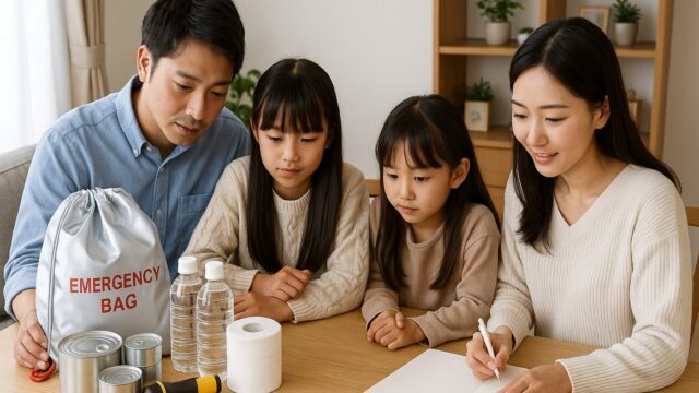 日本人の4人家族がダイニングテーブルに集まり、防災用トイレや備蓄品の必要数量を相談している様子