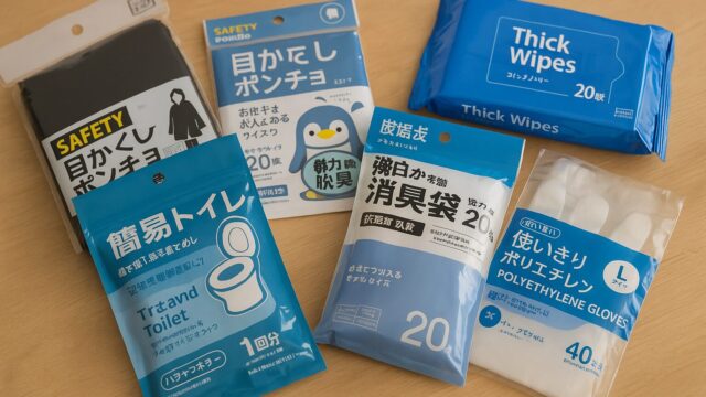 100円ショップで購入できる防災用のトイレ関連用品。簡易トイレ、消臭袋、目隠しポンチョ、手袋、ウェットシートなどが机の上に並んでいる様子