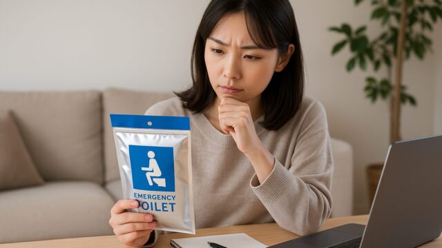 日本人女性がリビングで市販の防災用簡易トイレのパッケージを手に取り、必要性を真剣に検討している様子