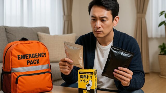 日本人男性が自宅のリビングで市販の防災用簡易トイレの商品を手に取り、備蓄や選び方を真剣に検討している様子