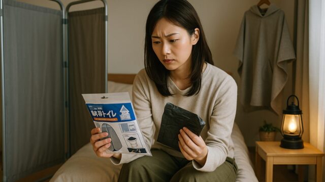 日本人女性が自宅の部屋で防災用の簡易トイレと消臭袋を手に取り、避難時の衛生対策を検討している様子