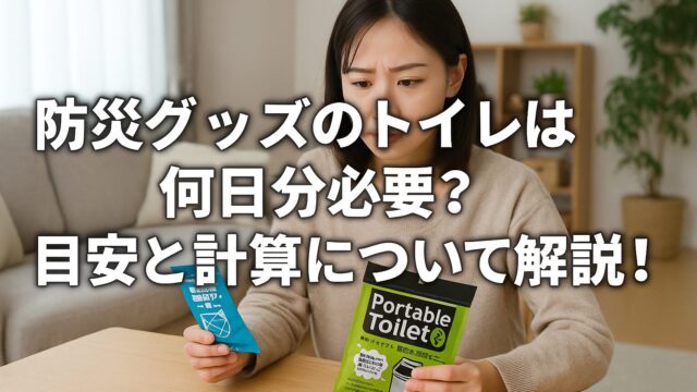 日本人女性が自宅で防災用簡易トイレと凝固剤を手に取り、必要な日数分を検討している様子