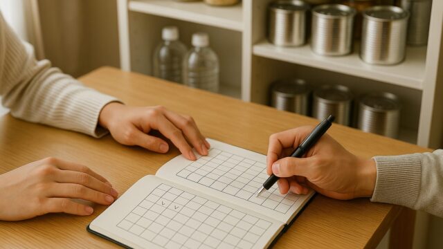 ノートの管理表に記入する人物の手元と、背景の棚に整然と並んだ備蓄食品