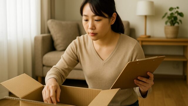 リビングで段ボール箱の中身を確認しながらクリップボードに記録する若い日本人女性