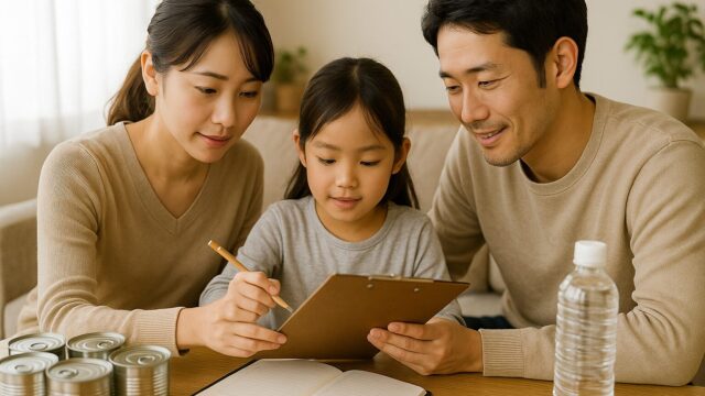 日本人の家族3人(父・母・娘)が自宅のリビングで備蓄品のチェックリストを確認している様子