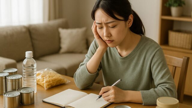 ノートにペンを持ちながら缶詰や水の備蓄を前に悩む若い日本人女性