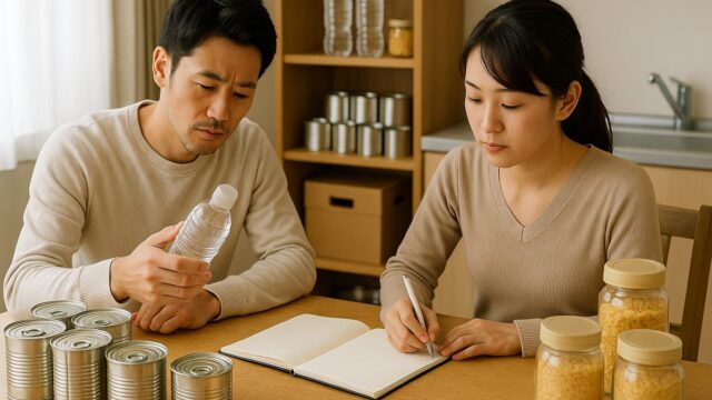 家庭のキッチンで缶詰や水の備蓄品を確認しながらノートに記録する日本人夫婦