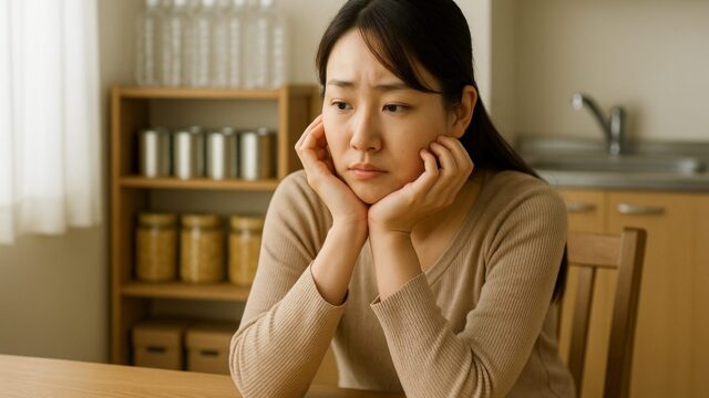 備蓄棚の前でうつむき考え込む若い日本人女性