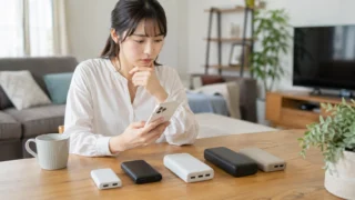 家族がリビングで大容量モバイルバッテリーを比較し、スマートフォンやタブレットを充電する様子。