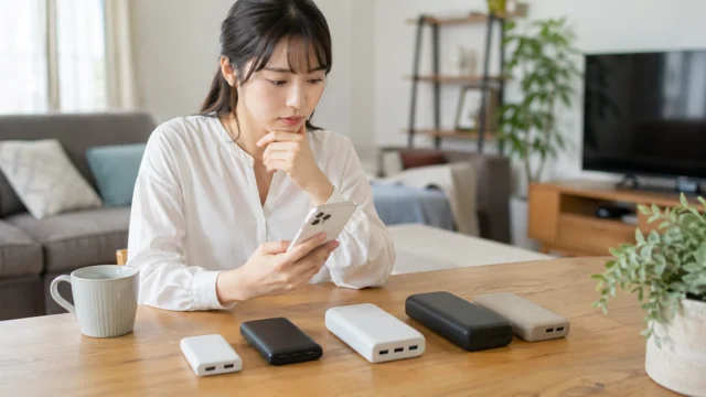 家族がリビングで大容量モバイルバッテリーを比較し、スマートフォンやタブレットを充電する様子。