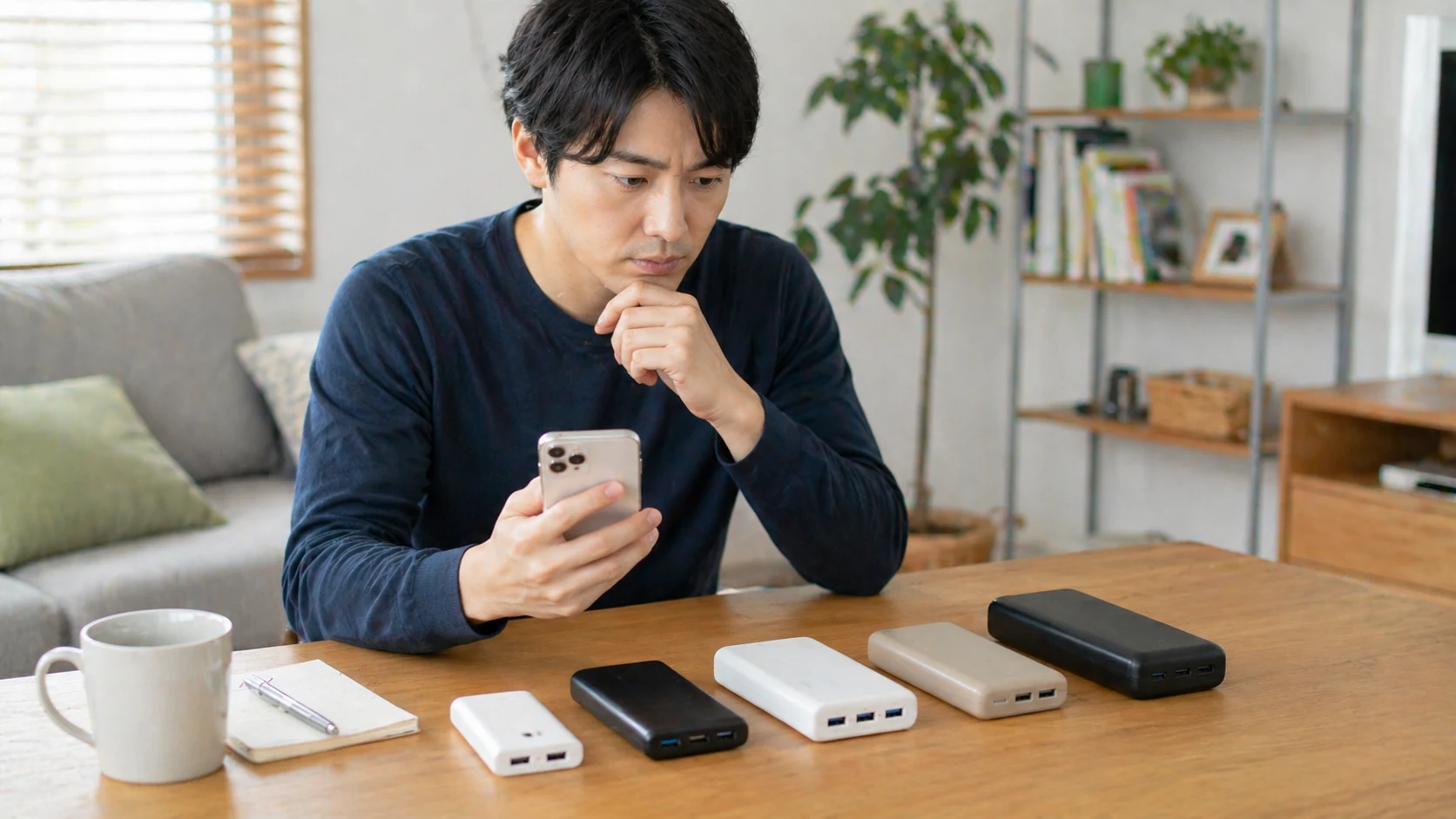 オフィスで商品企画チームがモバイルバッテリーの仕様書を見ながら、日本製と日本メーカー製の違いについて話し合っている様子。