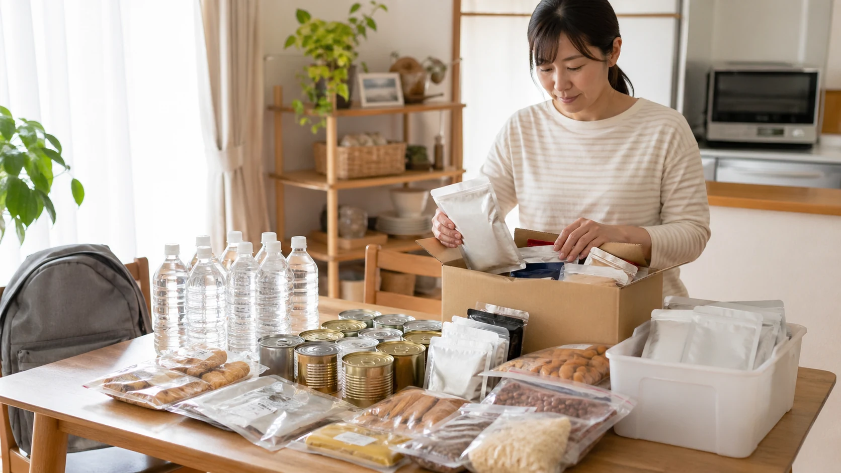 災害時に備えて主食、副菜、飲み物が揃った食事の写真。バランスの取れた食事が大切です。