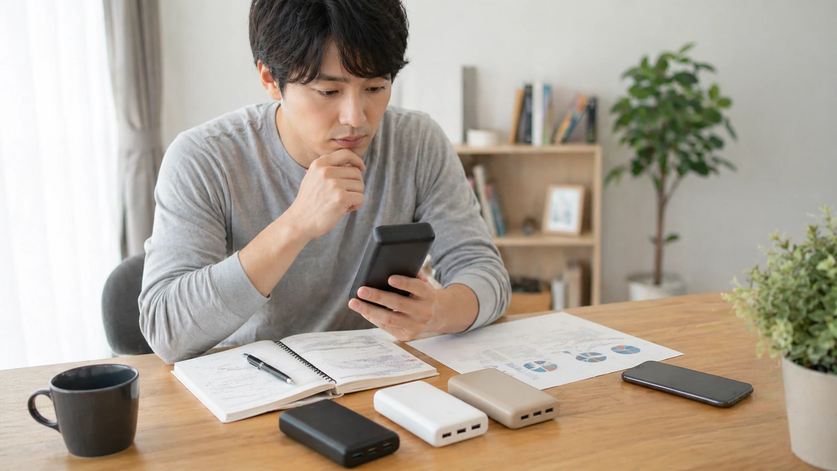 消費者が日本の家電量販店でモバイルバッテリーのラベルを確認し、日本製かどうかを検討している様子。