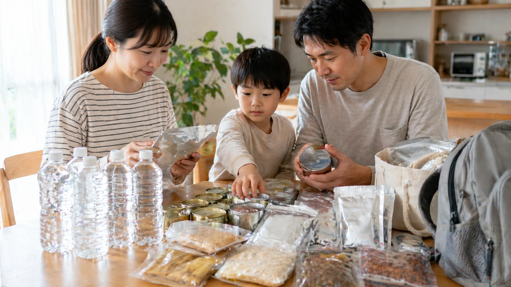非常食の選び方を考える人の写真。保存期間や食べやすさを重視しています。